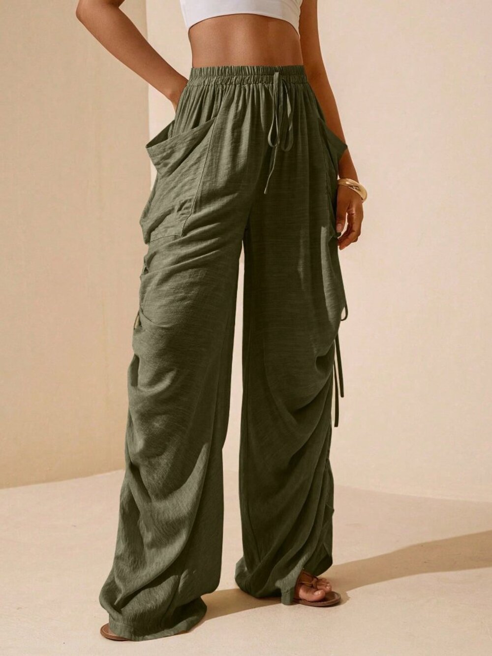 Olive Green Casual Women's Side Ruched Drawstring Pocket Pants - Picture 4 of 7